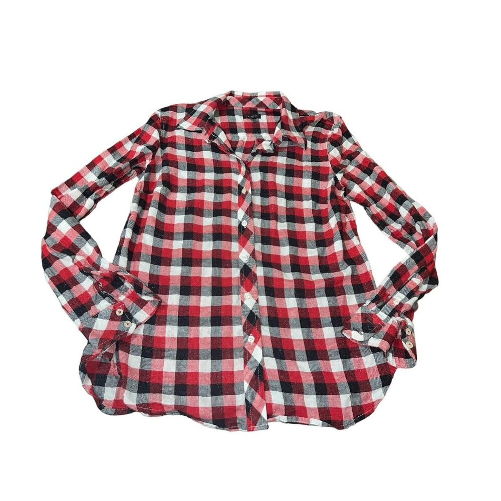 TALBOTS Women's XS Classic Cotton Button Up Shirt Red Plaid Metallic Shimmer